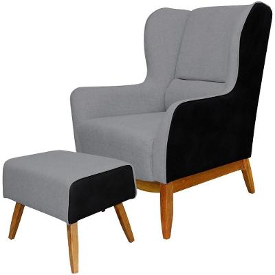 Kit Poltrona Com Puff Milena Com Puff Viseo D02 Linho Corano Cinza Preto Lyam Decor