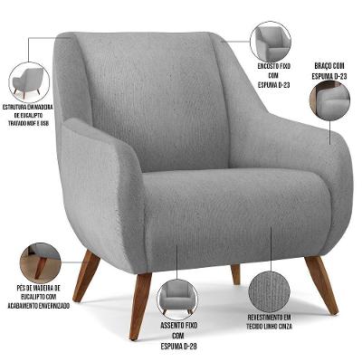 Poltrona Fixa Paloma D02 Linho Cinza Pés De Madeira Lyam Decor