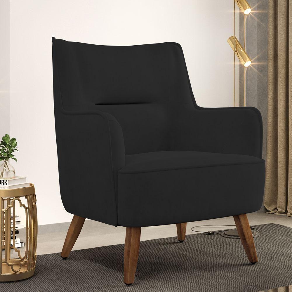 Poltrona Fixa Pés De Madeira Isabella D02 Veludo Preto C-300 - 9