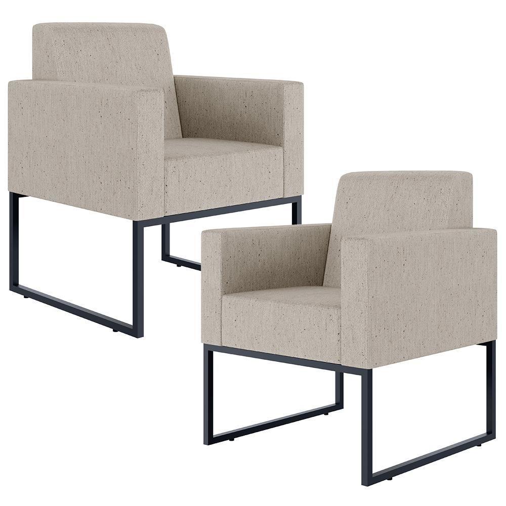 Kit 02 Poltronas Recepção Base Fixa De Metal Linho Bege - 1