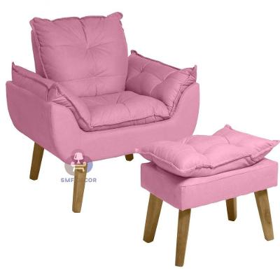 Poltrona E Puff Opala Suede Veludo Light Rosa SMF Decor