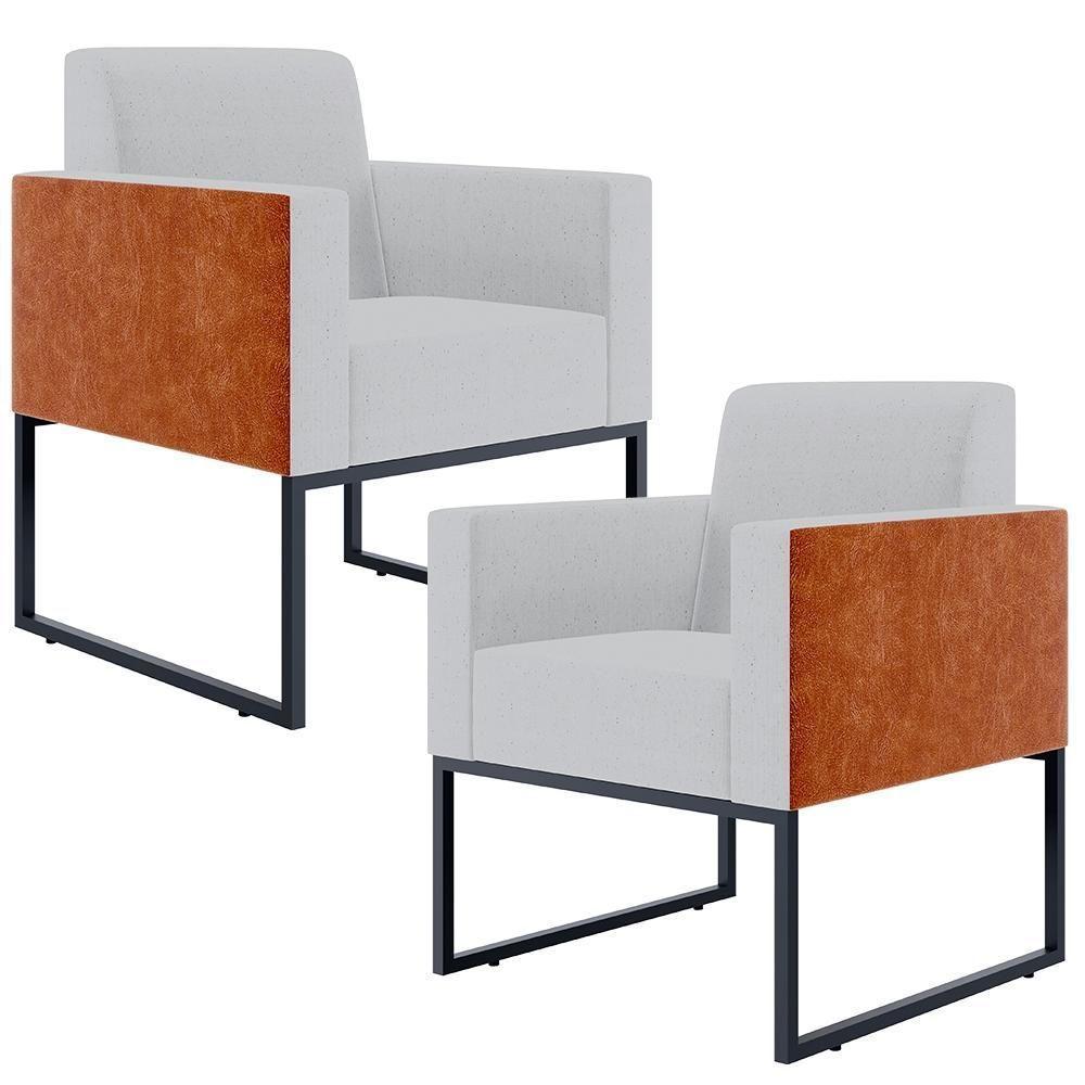 Kit 02 Poltronas Sala Base Metal Linho Cinza Camel - 1