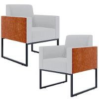 Kit 02 Poltronas Sala Base Metal Linho Cinza Camel - 1