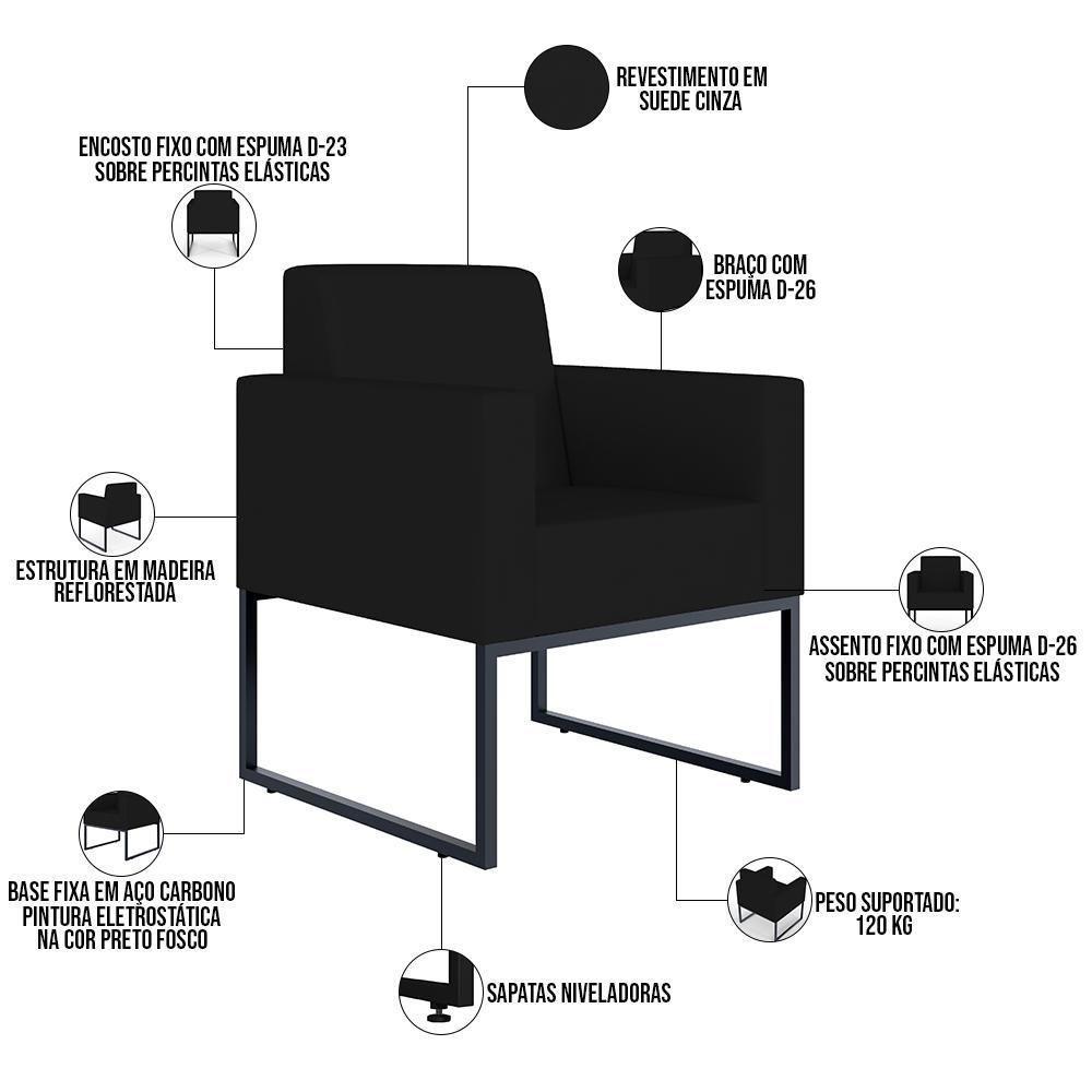 Kit 04 Poltronas Base Fixa De Metal Helô L02 Suede Preto - 8