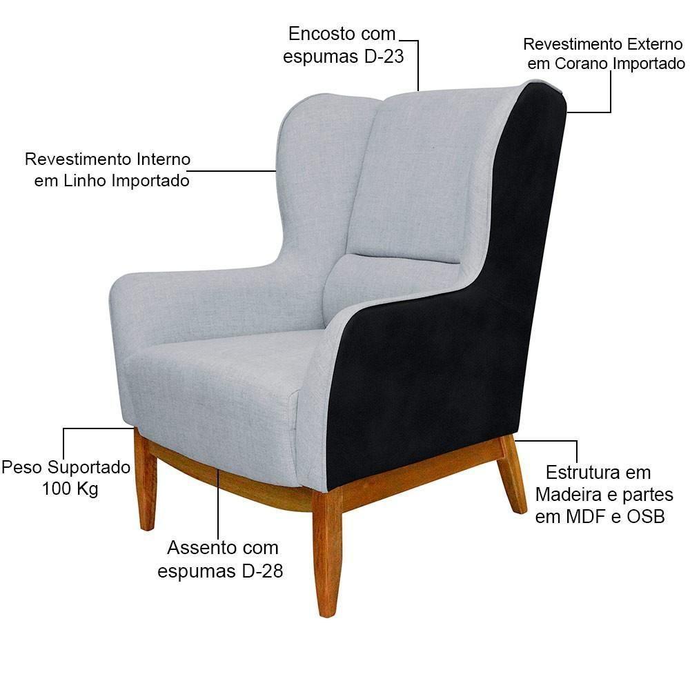 Poltrona Fixa D02 Linho Cinza D-315 Corano Preto - 3