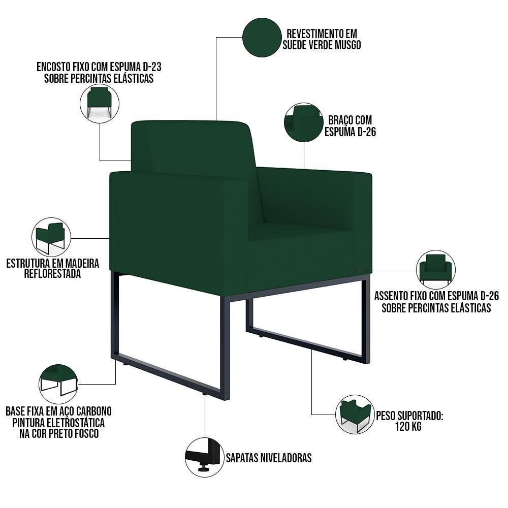 Kit 04 Poltronas Base Fixa Metal Helô L02 Suede Verde Musgo - 8