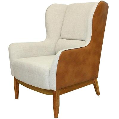 Poltrona Decorativa Milena D02 Fixa Linho Corino Bege Marrom Lyam Decor