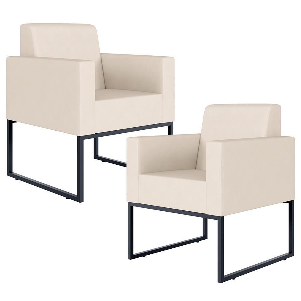 Kit 02 Poltronas Recepção Base Fixa De Metal Suede Bege - 1