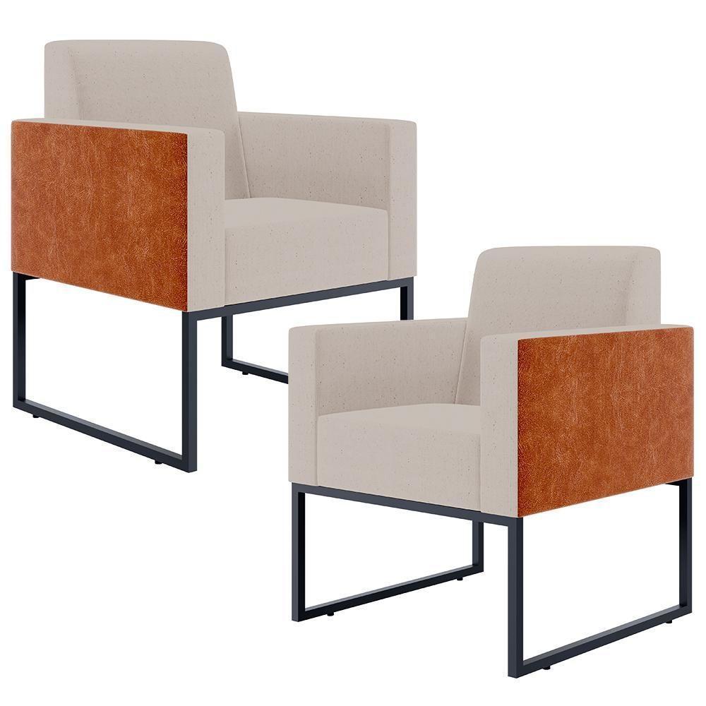 Kit 02 Poltronas Sala Base Metal Linho Bege Couríssimo Camel - 1