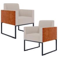 Kit 02 Poltronas Sala Base Metal Linho Bege Couríssimo Camel - 1
