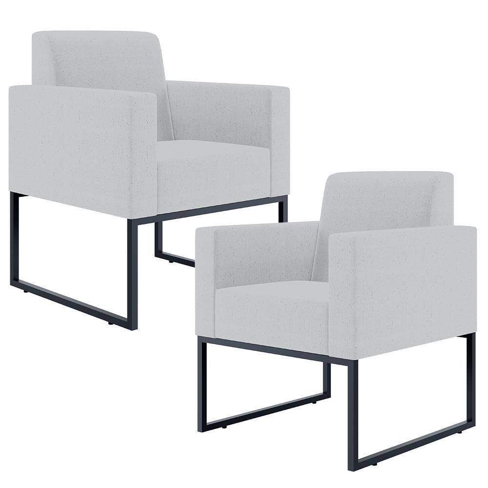 Kit 02 Poltronas Recepção Base Fixa De Metal Linho Cinza - 1