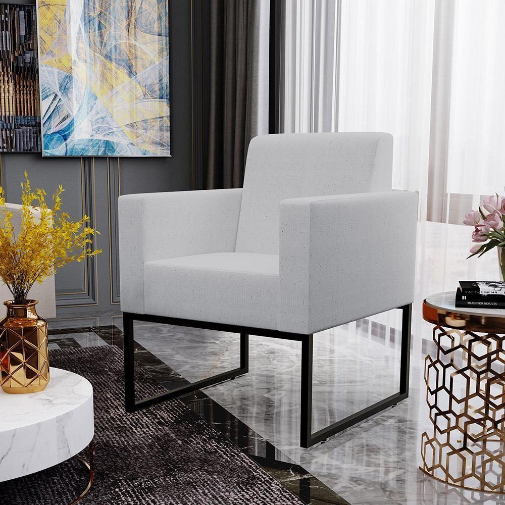 Kit 02 Poltronas Recepção Base Fixa De Metal Linho Cinza - 10