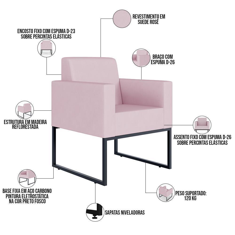 Kit 02 Poltronas Recepção Base Fixa De Metal Suede Rosê - 9