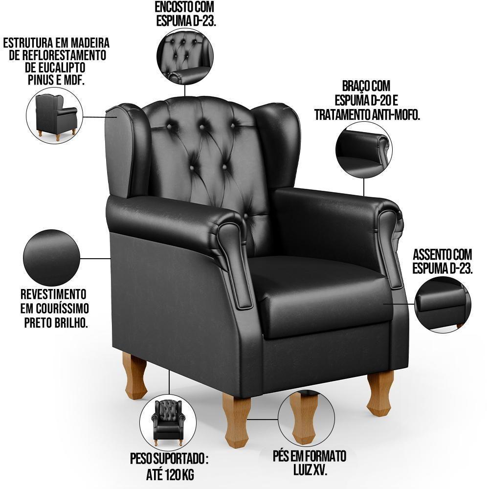 Kit 02 Poltronas Decorativa Yara P02 Preto Brilho - 6