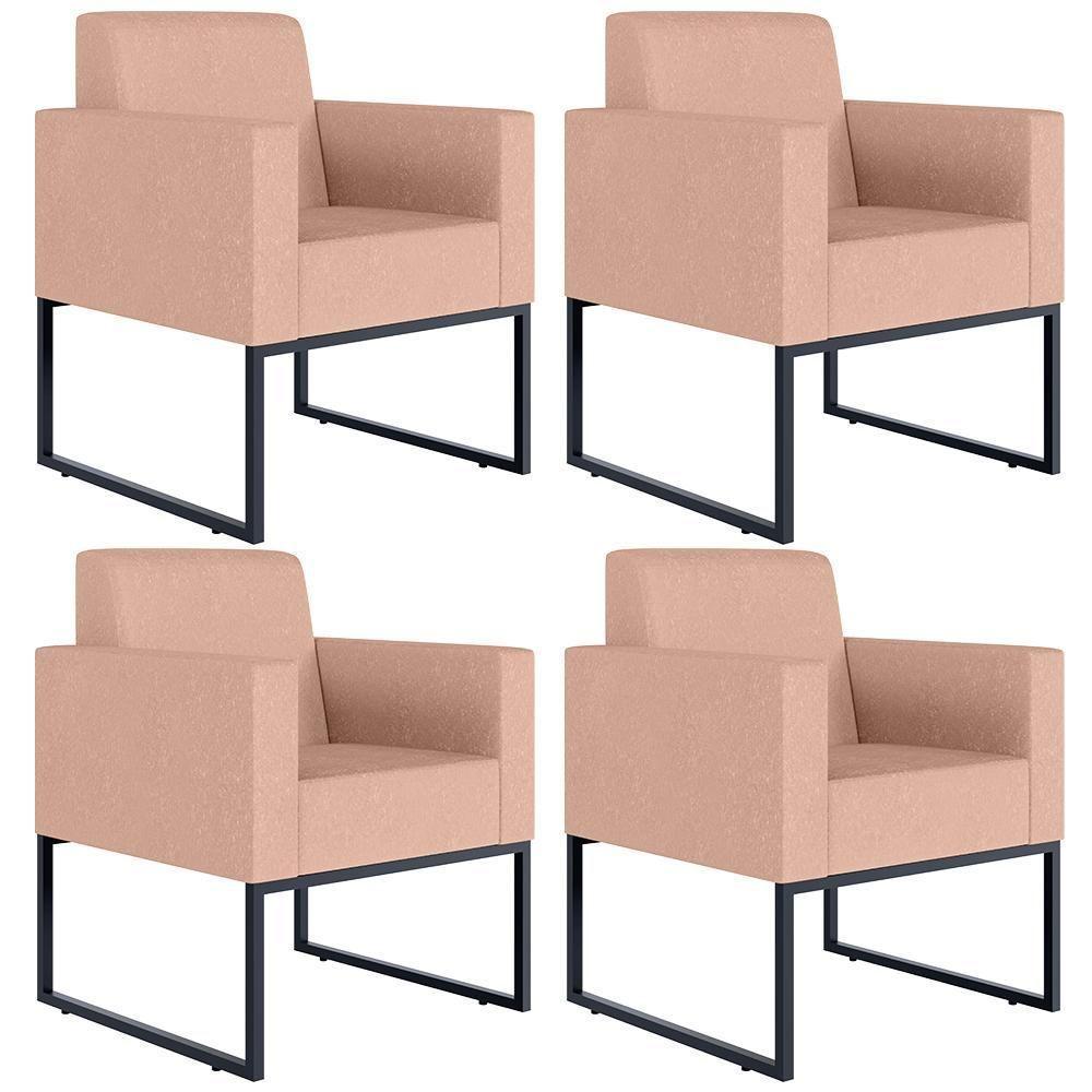 Kit 04 Poltronas Base Fixa De Metal Helô L02 Linho Rosê - 1