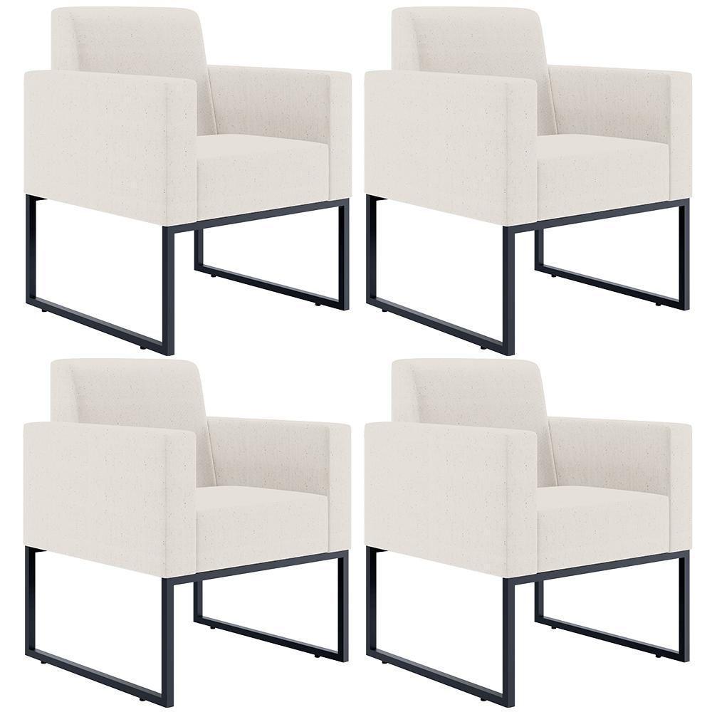 Kit 04 Poltronas Base Fixa De Metal Helô L02 Linho Cru - 1