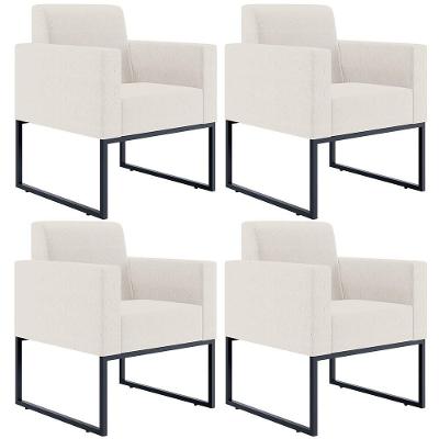 Kit 04 Poltronas Decorativas Helô L02 Base Fixa De Metal Linho Bege Lyam Decor