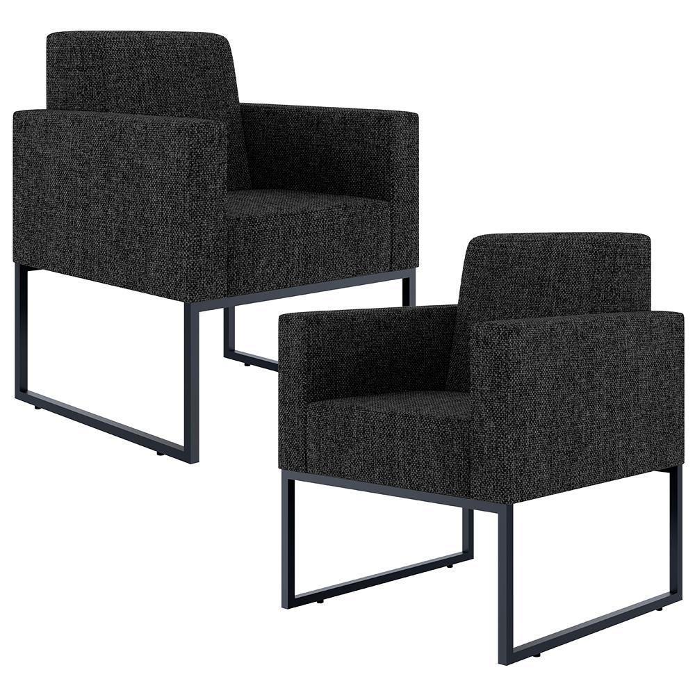 Kit 02 Poltronas Recepção Base Fixa Metal Linho Chumbo - 1