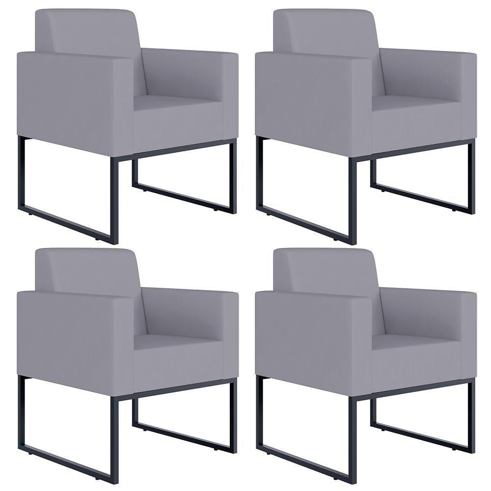 Kit 04 Poltronas Base Fixa De Metal Helô L02 Suede Cinza - 1