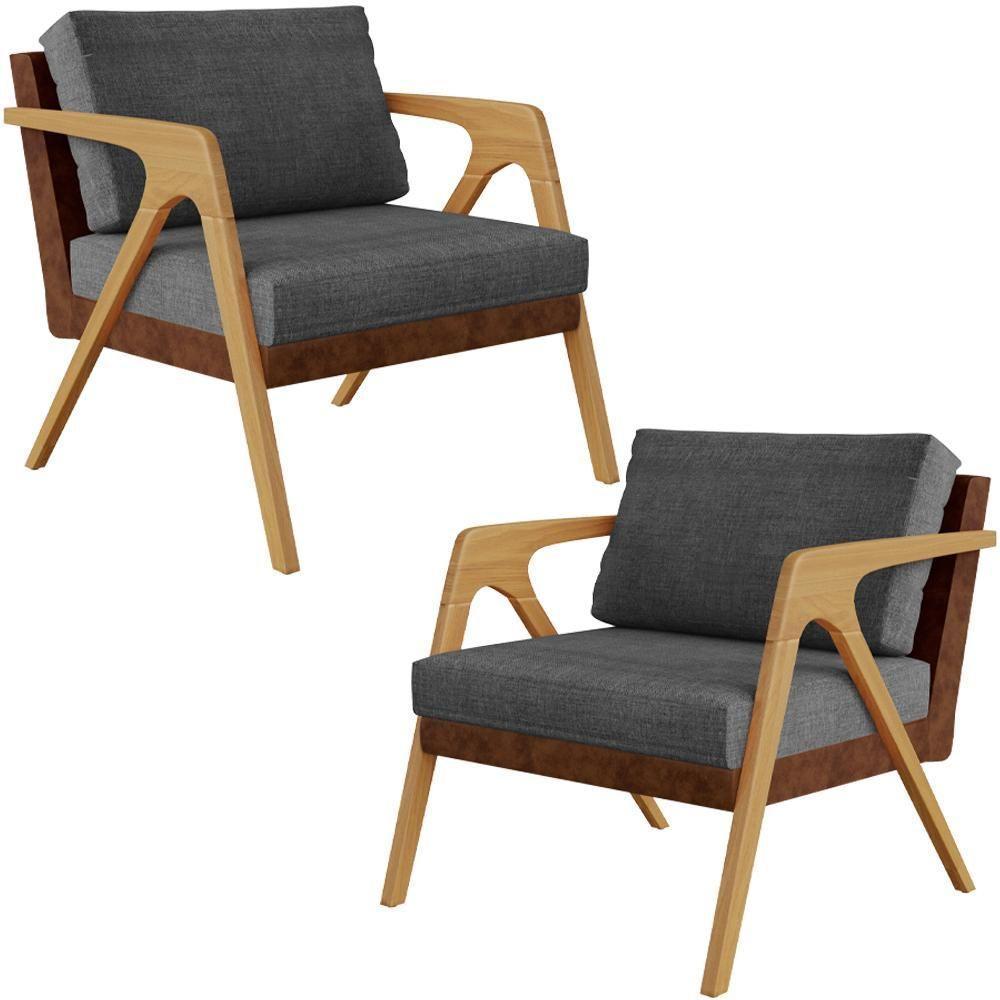Kit 02 Poltronas Pietra L02 Marrom Linho Cinza Escuro - 1