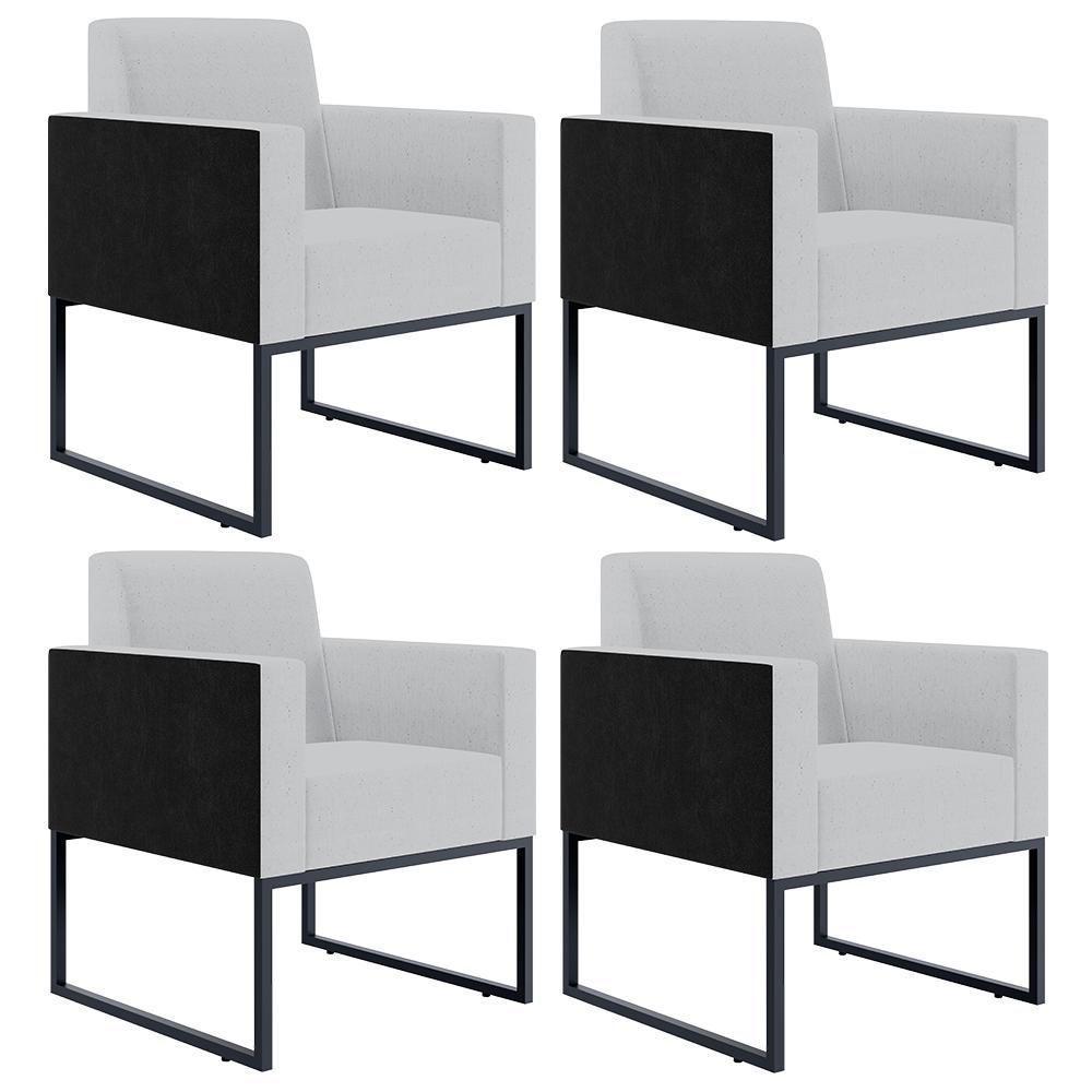 Kit 04 Poltronas Base Fixa Metal Helô L02 Linho Cinza Preto - 1