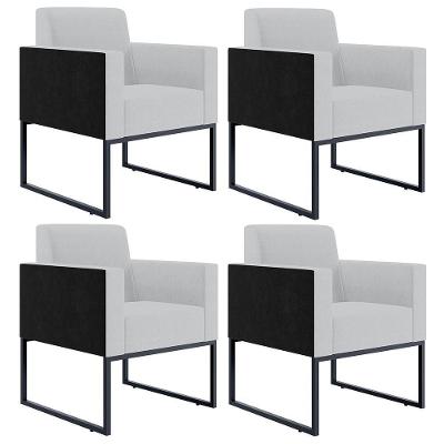 Kit 04 Poltronas Base Fixa Metal Helô L02 Linho Cinza Preto