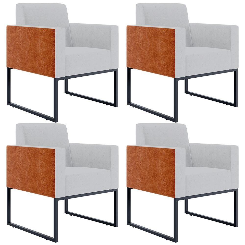 Kit 04 Poltronas Base Fixa Metal Helô L02 Linho Cinza Camel - 1