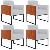 Kit 04 Poltronas Base Fixa Metal Helô L02 Linho Cinza Camel - 1