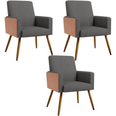 Kit 03 Poltronas Pés Palito Linho Cinza Escuro Camel