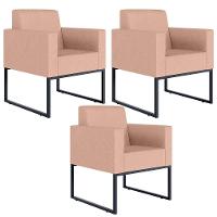 Kit 03 Poltronas E Recepção Base Fixa De Metal Linho Rosê - 1