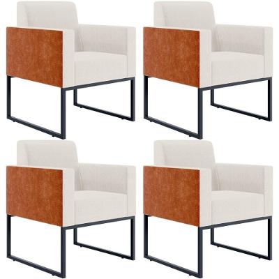 Kit 04 Poltronas Decorativas Helô L02 Base Fixa Metal Linho Cru Couríssimo Camel Lyam Decor