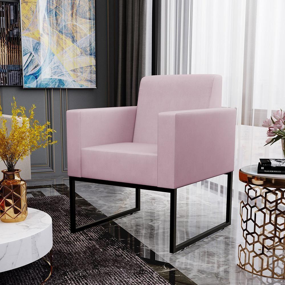 Kit 04 Poltronas Base Fixa De Metal Helô L02 Suede Rosê - 13