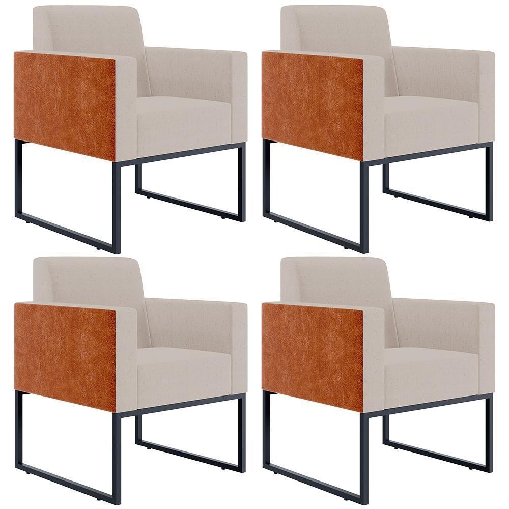 Kit 04 Poltronas Base Fixa Metal Helô L02 Linho Bege Camel - 1