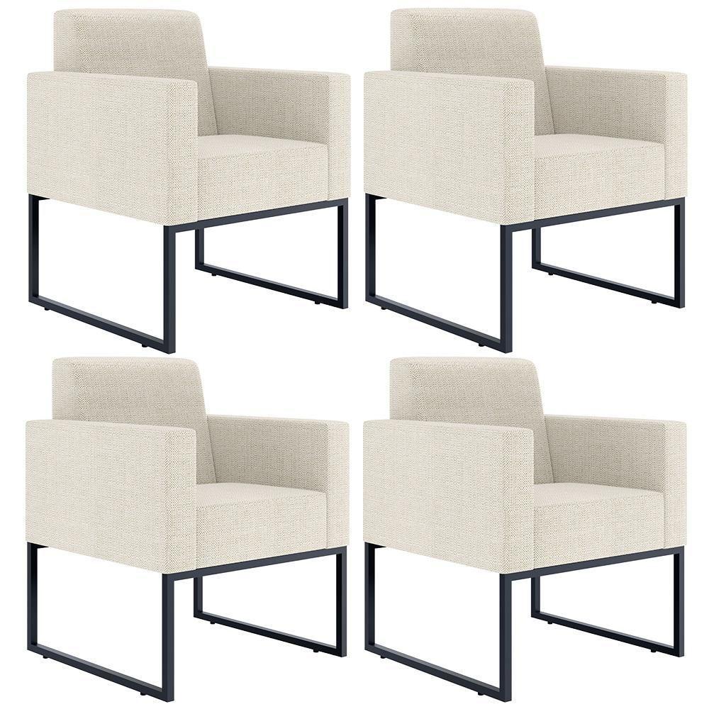 Kit 04 Poltronas Base Fixa Metal Helô L02 Linho Champagne - 1