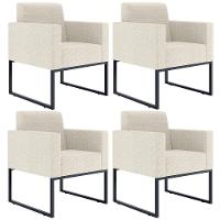 Kit 04 Poltronas Base Fixa Metal Helô L02 Linho Champagne - 1