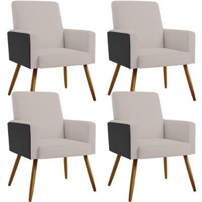 Kit 04 Poltronas Pés Palito Linho Bege Couríssimo Preto