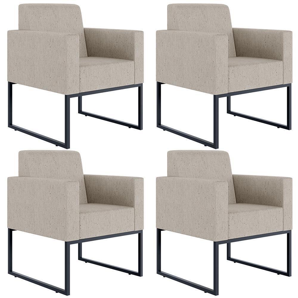 Kit 04 Poltronas Base Fixa De Metal Helô L02 Linho Bege - 1