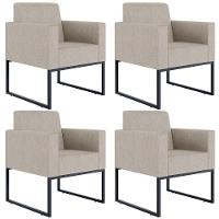 Kit 04 Poltronas Base Fixa De Metal Helô L02 Linho Bege - 1