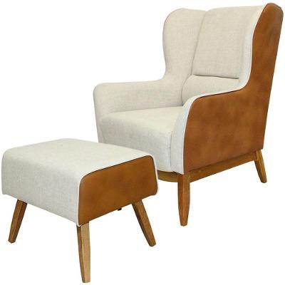 Kit Poltrona Com Puff Milena Viseo Linho Bege Marrom Lyam Decor