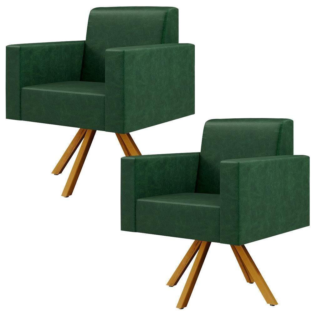 Kit 02 Poltronas Base Giratória De Madeira Facto Verde Musgo - 1