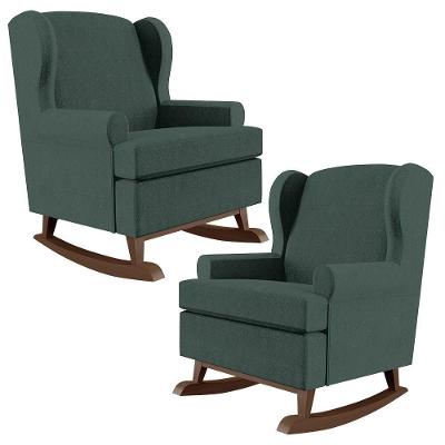Kit 02 Poltronas De Amamentação Malu Base De Madeira Balanço Linho Verde Lyam Decor