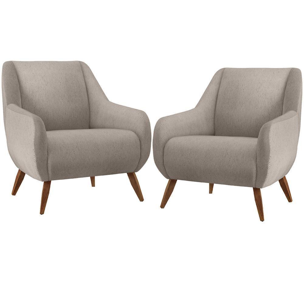 Kit 02 Poltronas Pés De Madeira Paloma D02 Linho Bege C-107 - 1