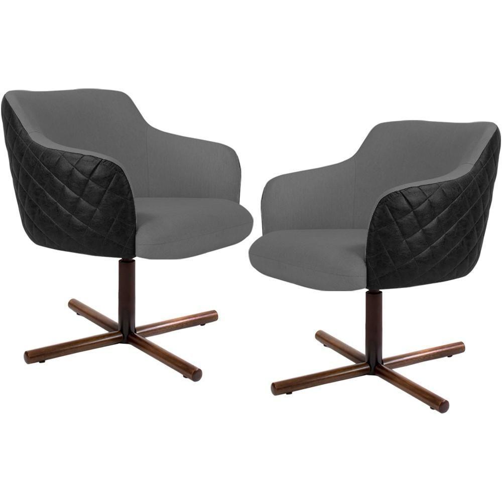 Kit 02 Poltronas Giratória Base X Linho Cinza Corano Preto - 1