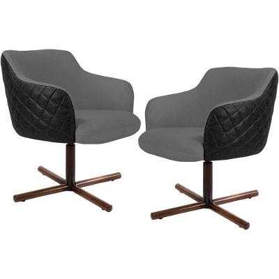 Kit 2 Poltronas Giratórias Jade D02 Linho Cinza Corano Preto Lyam Decor