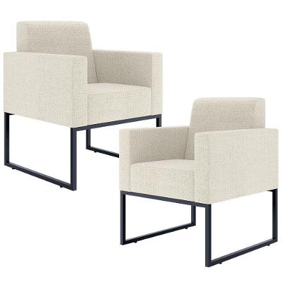 Kit 02 Poltronas Base Fixa Metal Linho Champagne