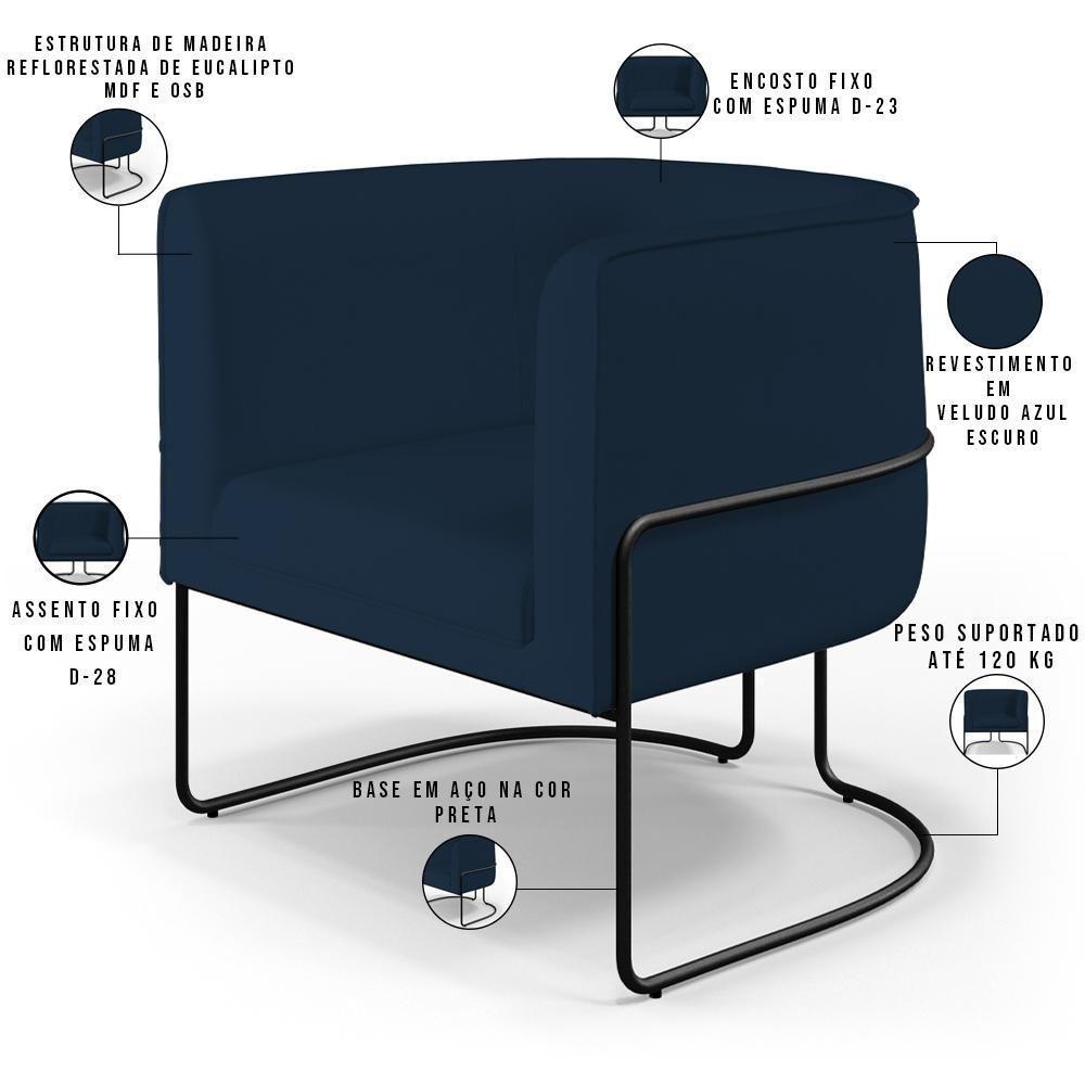 Poltrona Fixa Base De Aço Preto Veludo Azul Oxford C-304 - 7