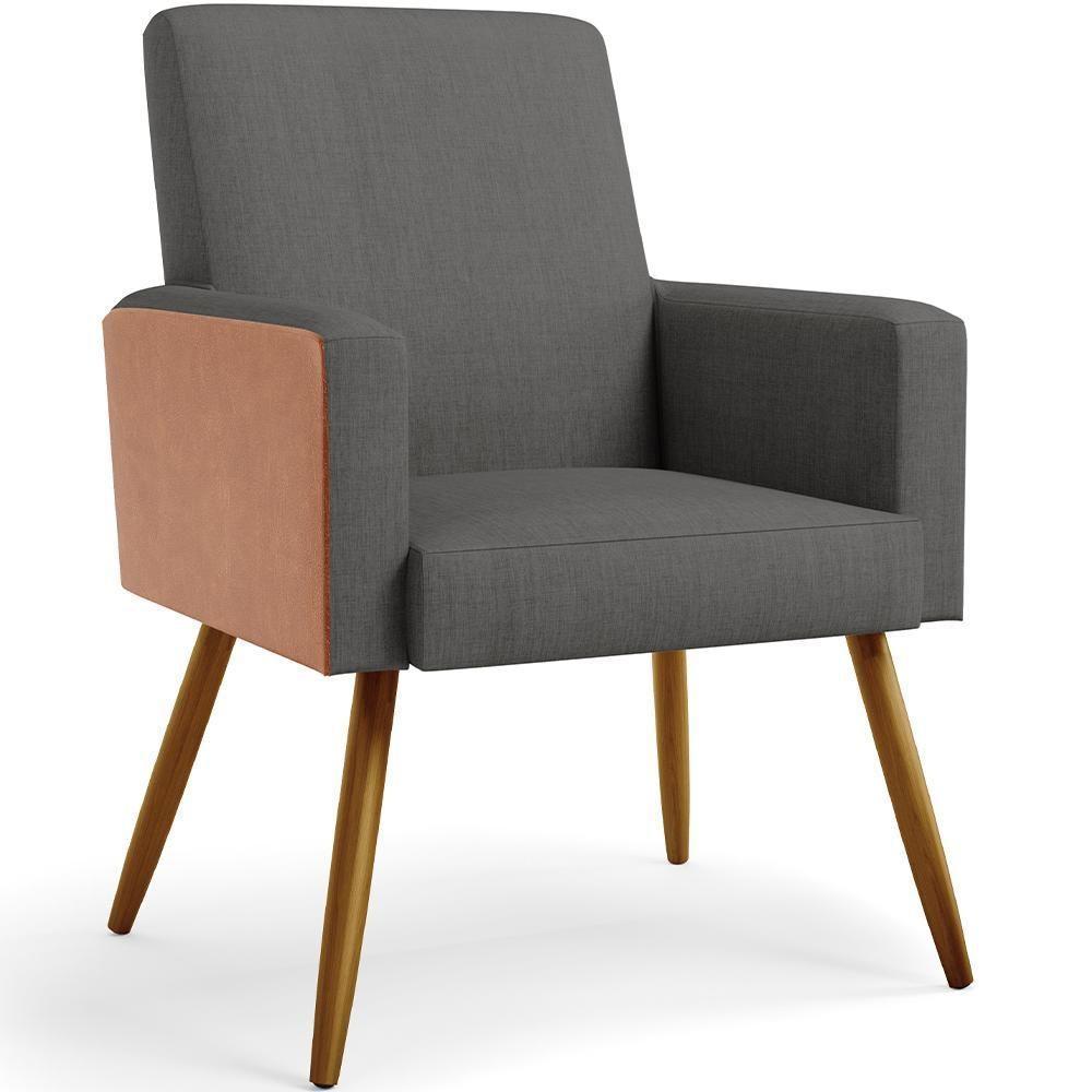 Kit 02 Poltronas Pés Palito Linho Cinza Escuro Camel - 7