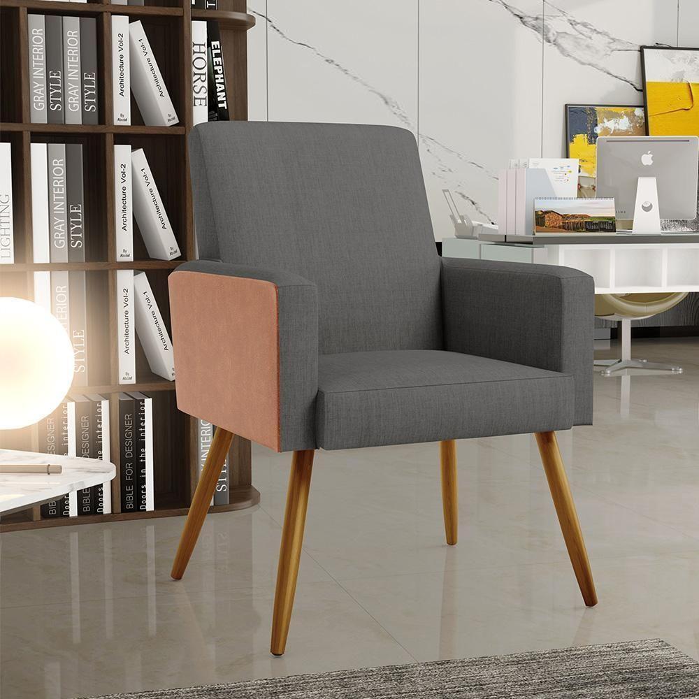 Kit 02 Poltronas Pés Palito Linho Cinza Escuro Camel - 8