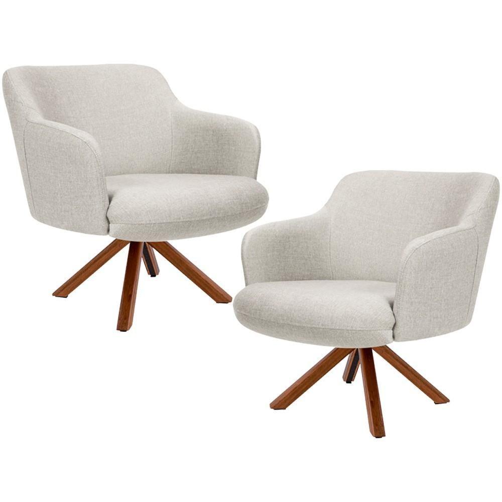 Kit 02 Poltronas Base Giratória De Madeira Linho Bege C-107 - 1