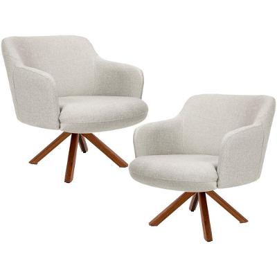 Kit 02 Poltronas Base Giratória De Madeira Linho Bege C-107